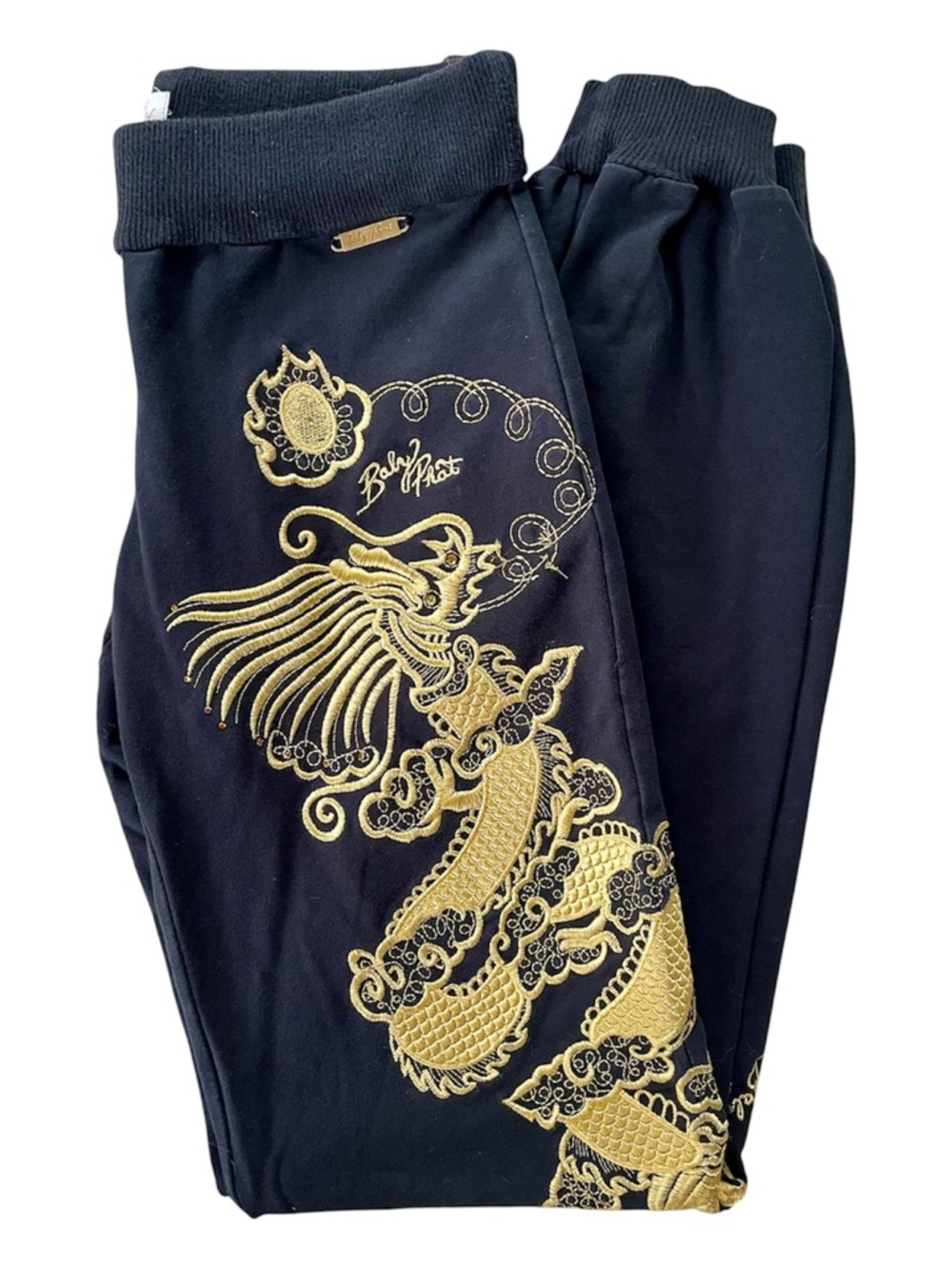VTG Baby Phat Black Sweatpants Metallic Script Label Embroidered Dragon Russia S